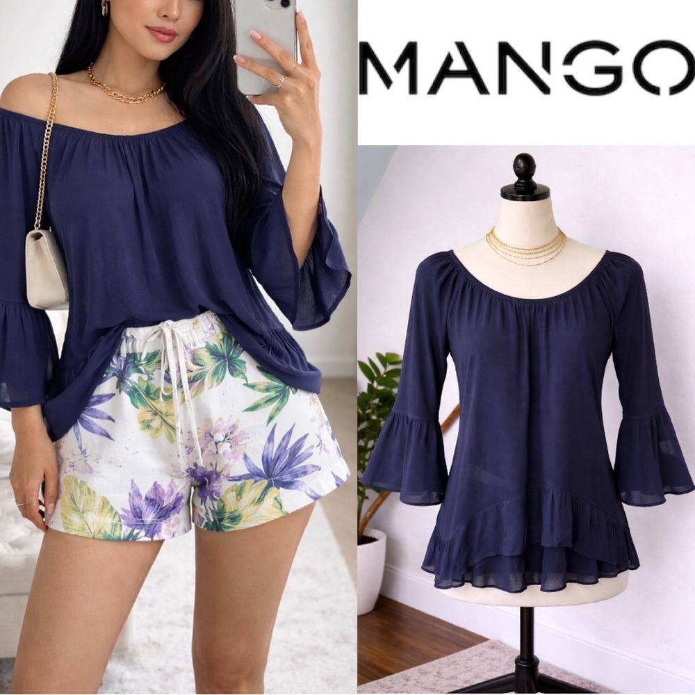 Mango | NWOT Navy Off-Shoulder Ruffled Bell Sleeve Blouse (size S)
